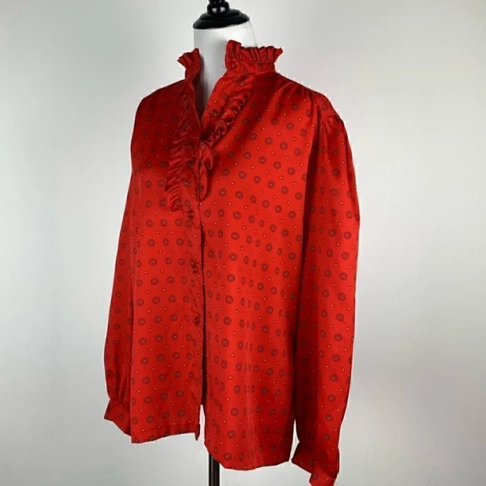 Pins and Needles Womens top size 18 Red geometric ruffle button down vintage 80s